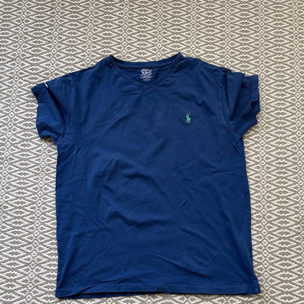 Blue V-Neck T-Shirt with Green Logo